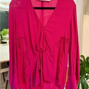 IRO Hot Pink V Neck Lace-Panel Blouse
